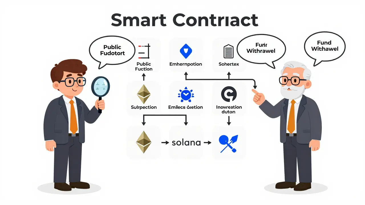 Two engineers reviewing smart contract code, one examining small data structures, the other tracing transaction paths.