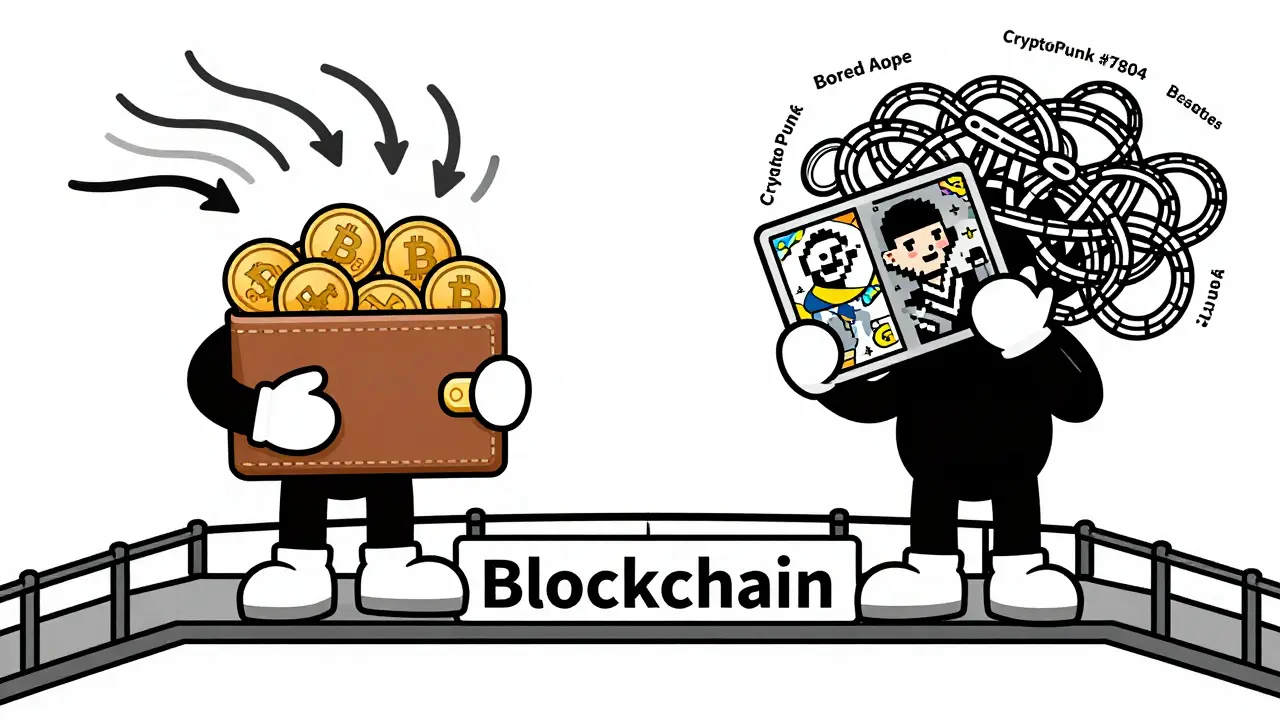 Two figures stand on opposite sides of a blockchain bridge, one with identical coins, the other with a unique NFT token.