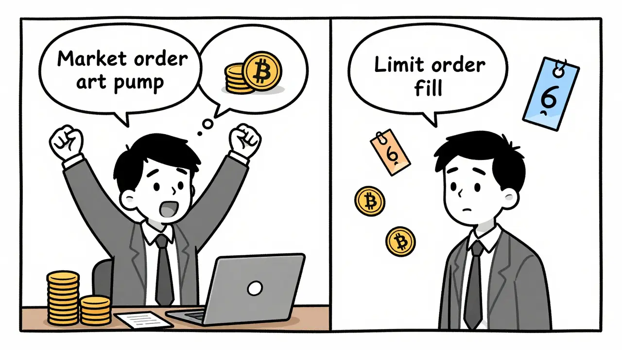 Two traders side by side—one profiting from a market order, the other from a limit order filling at the right price.