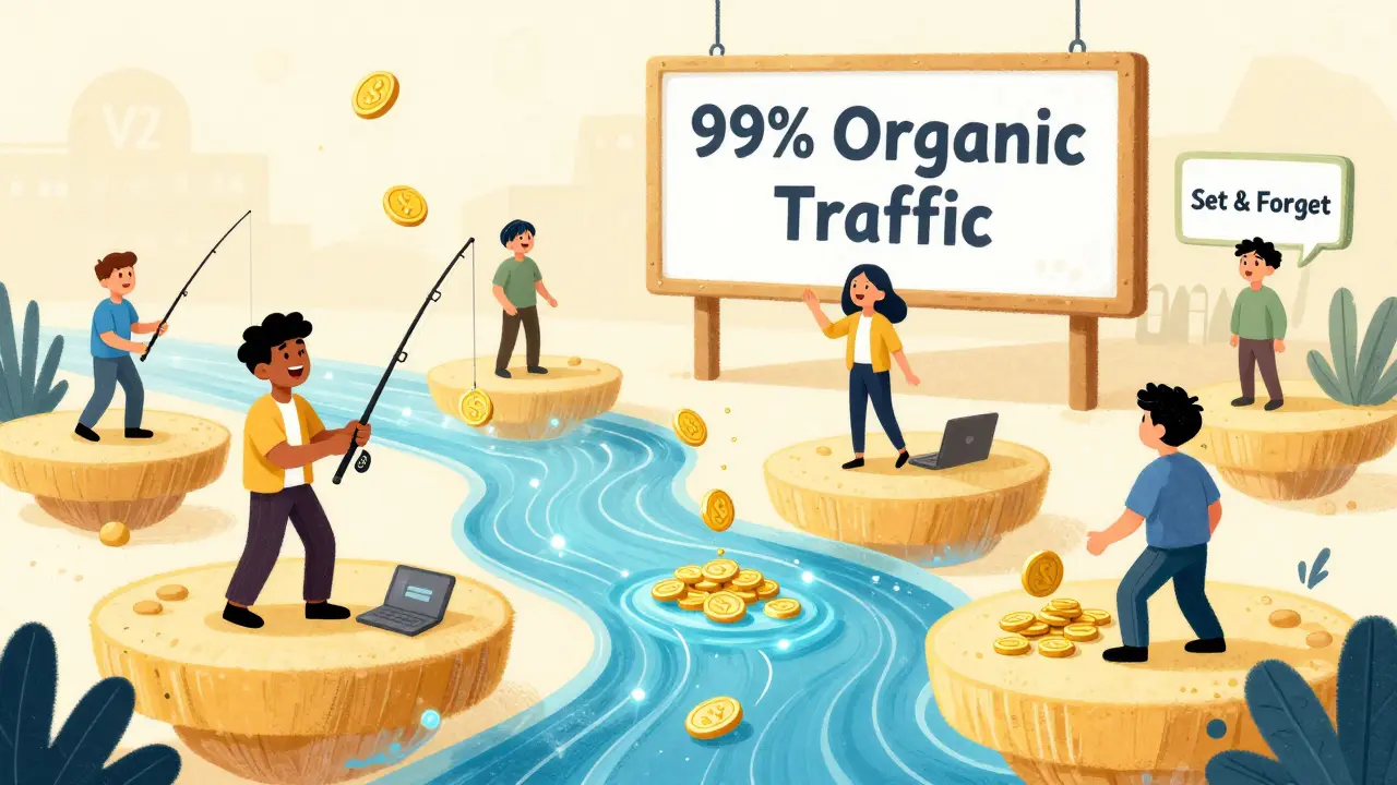 Users swapping tokens on floating platforms above a glowing blockchain, with a TWAP fishing rod and liquidity pool.