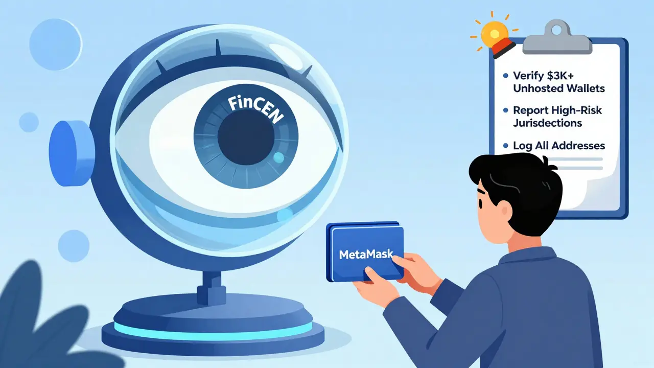 A 2026 crypto transaction is monitored by a FinCEN eye that logs blockchain addresses and triggers compliance alarms.