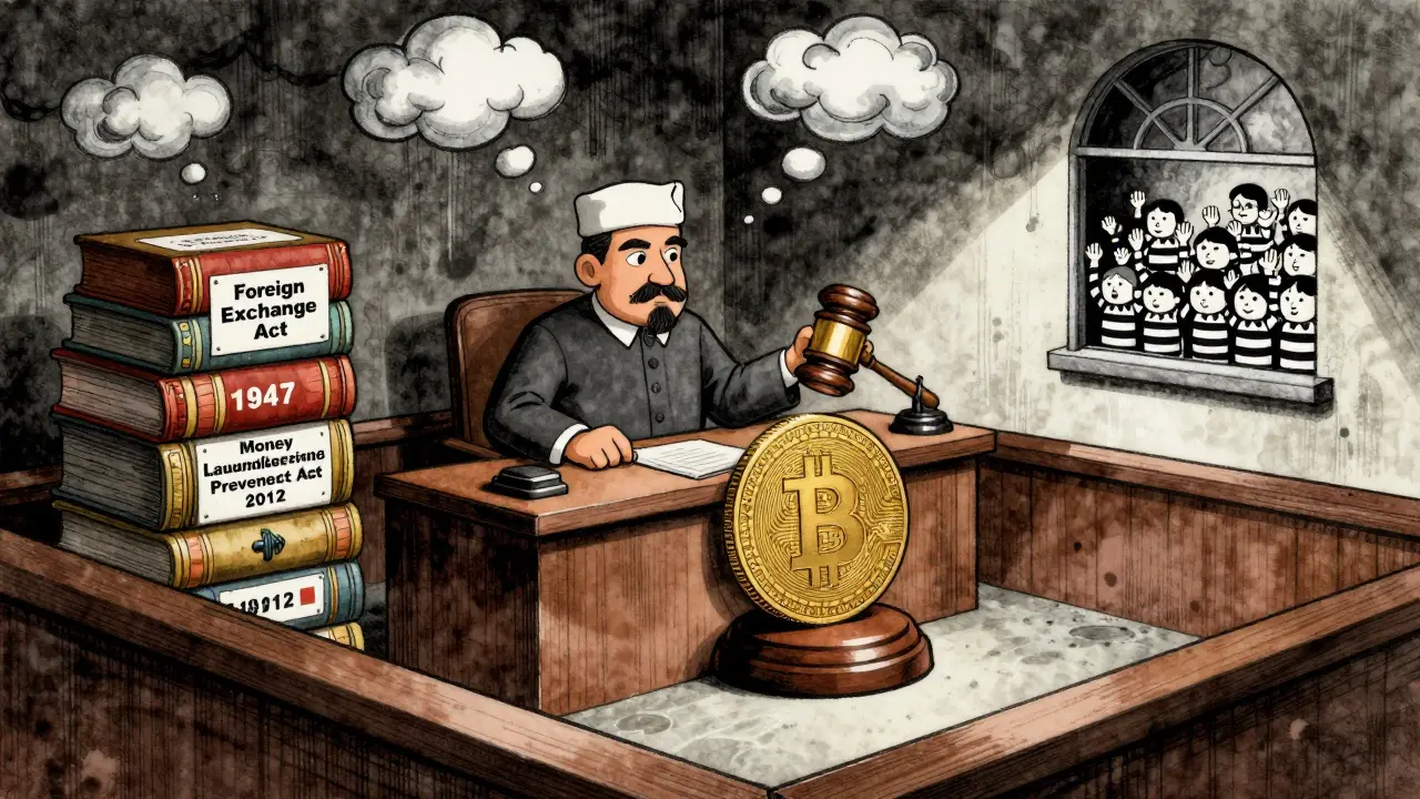 A Bitcoin coin on trial in a courtroom surrounded by old financial laws, with prisoners visible in the background.