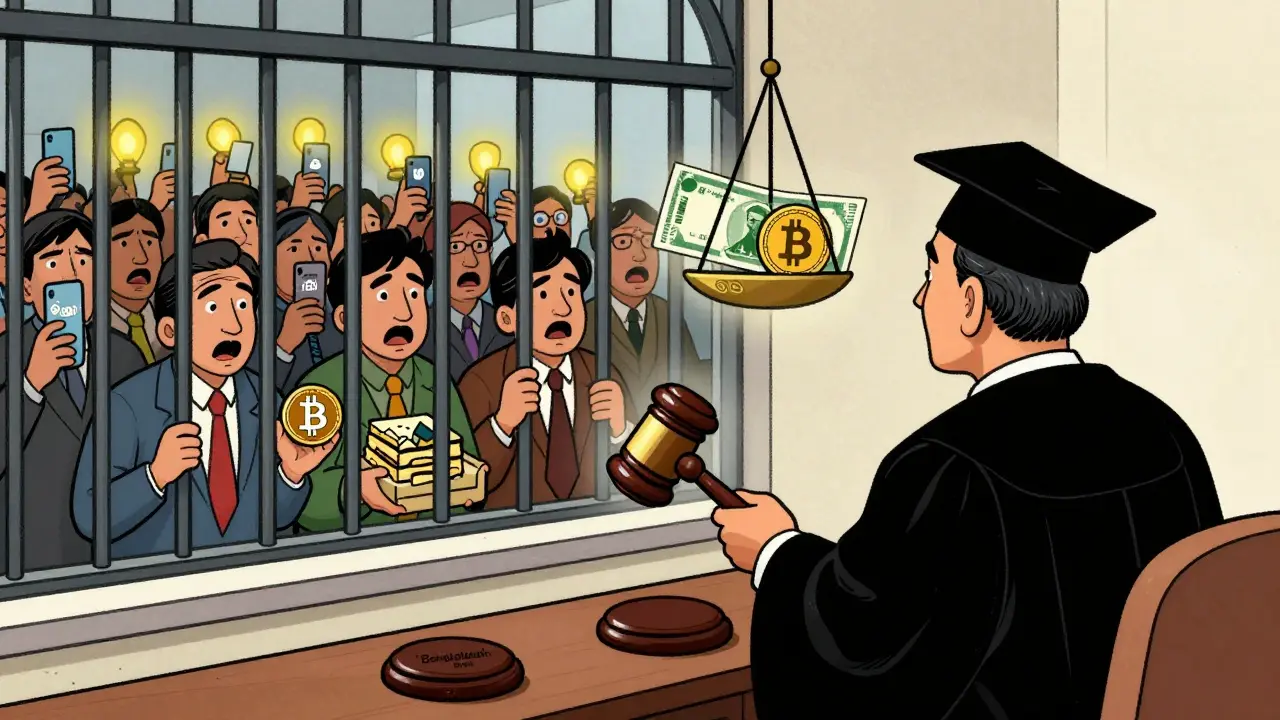 A courtroom scene where citizens are jailed for owning crypto, while a crowd outside uses P2P apps as beacons of hope.