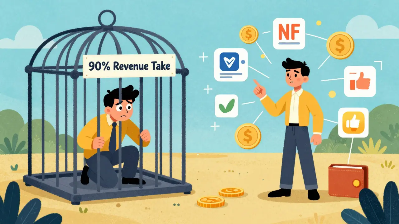 A creator breaks free from a corporate social media cage into an open digital space with ownership tools.