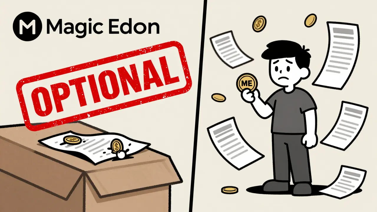 A creator holding one ME token as royalty payments collapse, in stylized UPA cartoon with dramatic expressions.