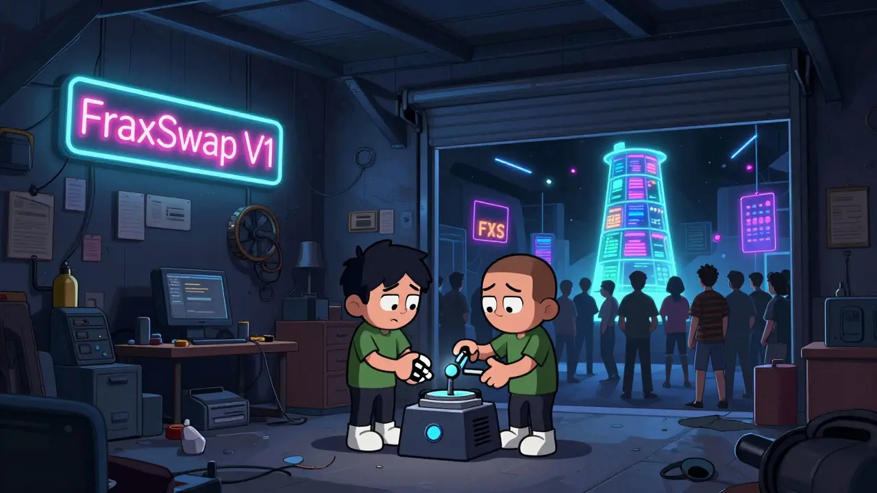 A dim FraxSwap garage with two traders exchanging tokens, ignored by a bustling Uniswap tower outside.