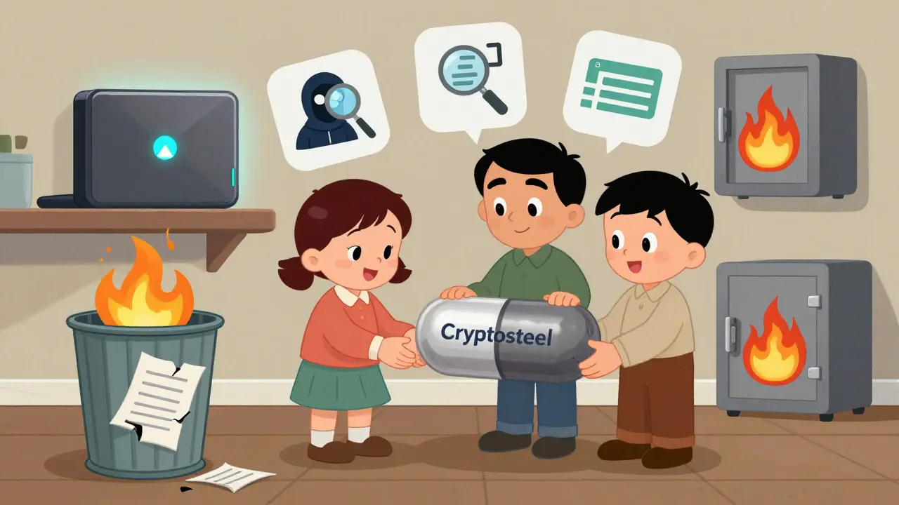 A family stores their seed phrase on metal, ignoring a burning paper backup while a hardware wallet glows safely.