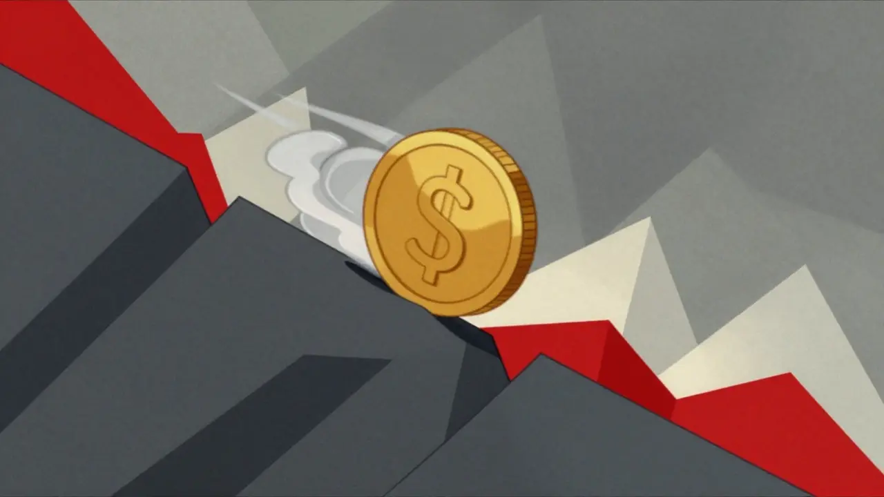 A golden coin rolling down a geometric hill representing market volatility.