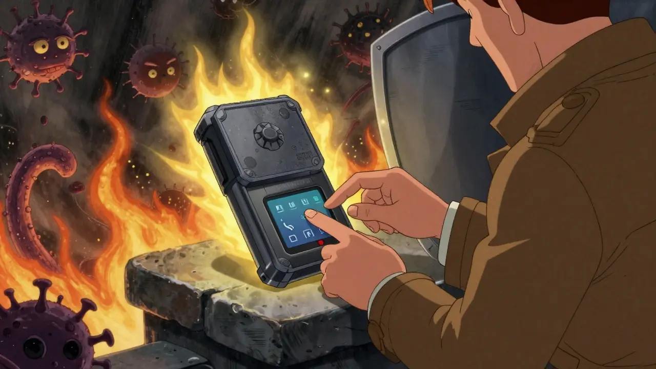 A hardware wallet glowing safely on a pedestal as malware attacks fail, in UPA cartoon style