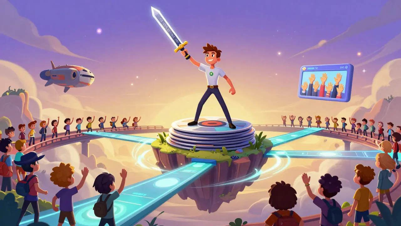 A hero stands on a floating island of game discs, holding a glowing NFT sword as avatars from many games gather below.