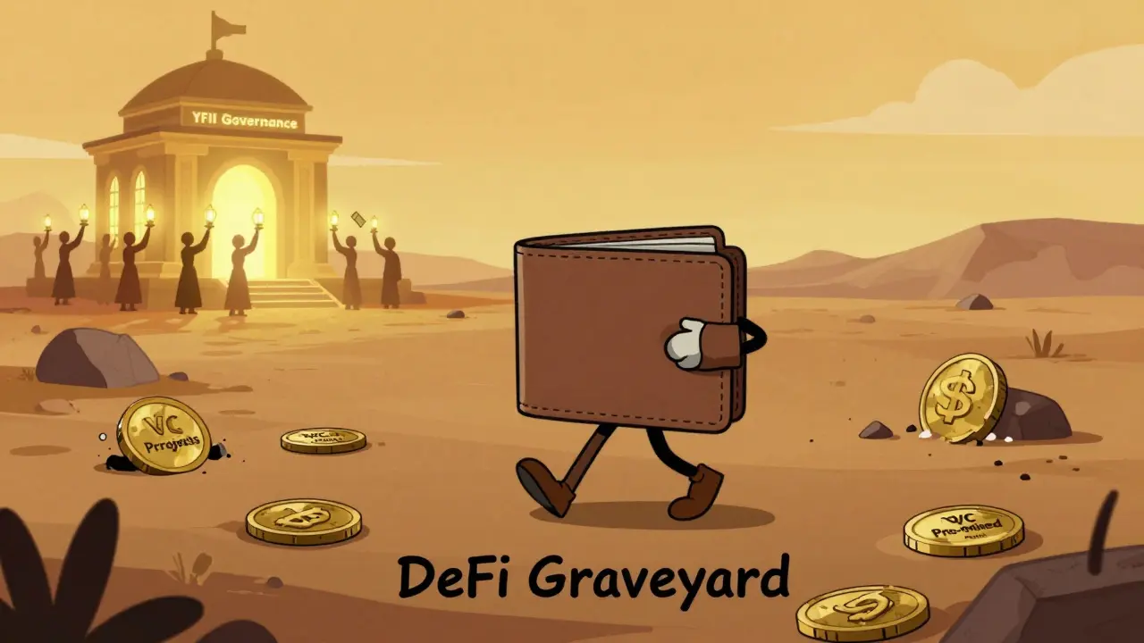 A lone wallet walking toward a governance temple amid fallen DeFi projects in UPA cartoon style