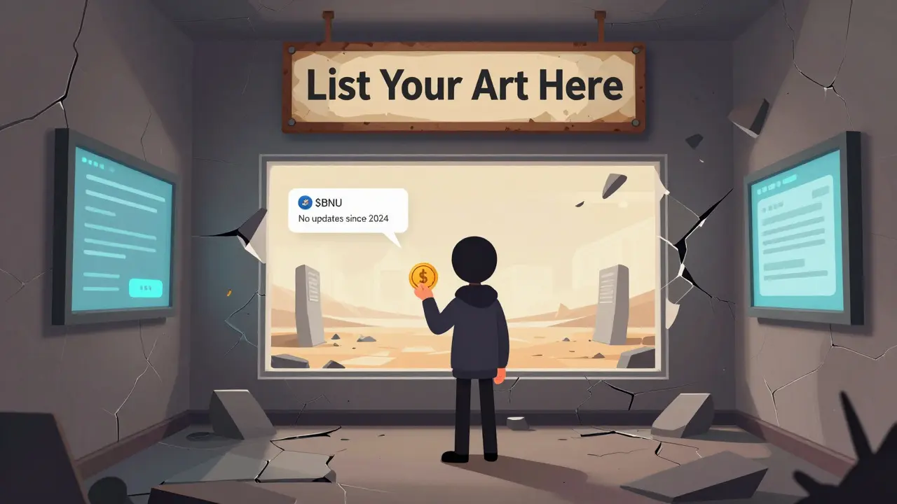 A lonely artist stands before a crumbling NFT marketplace with no visitors.