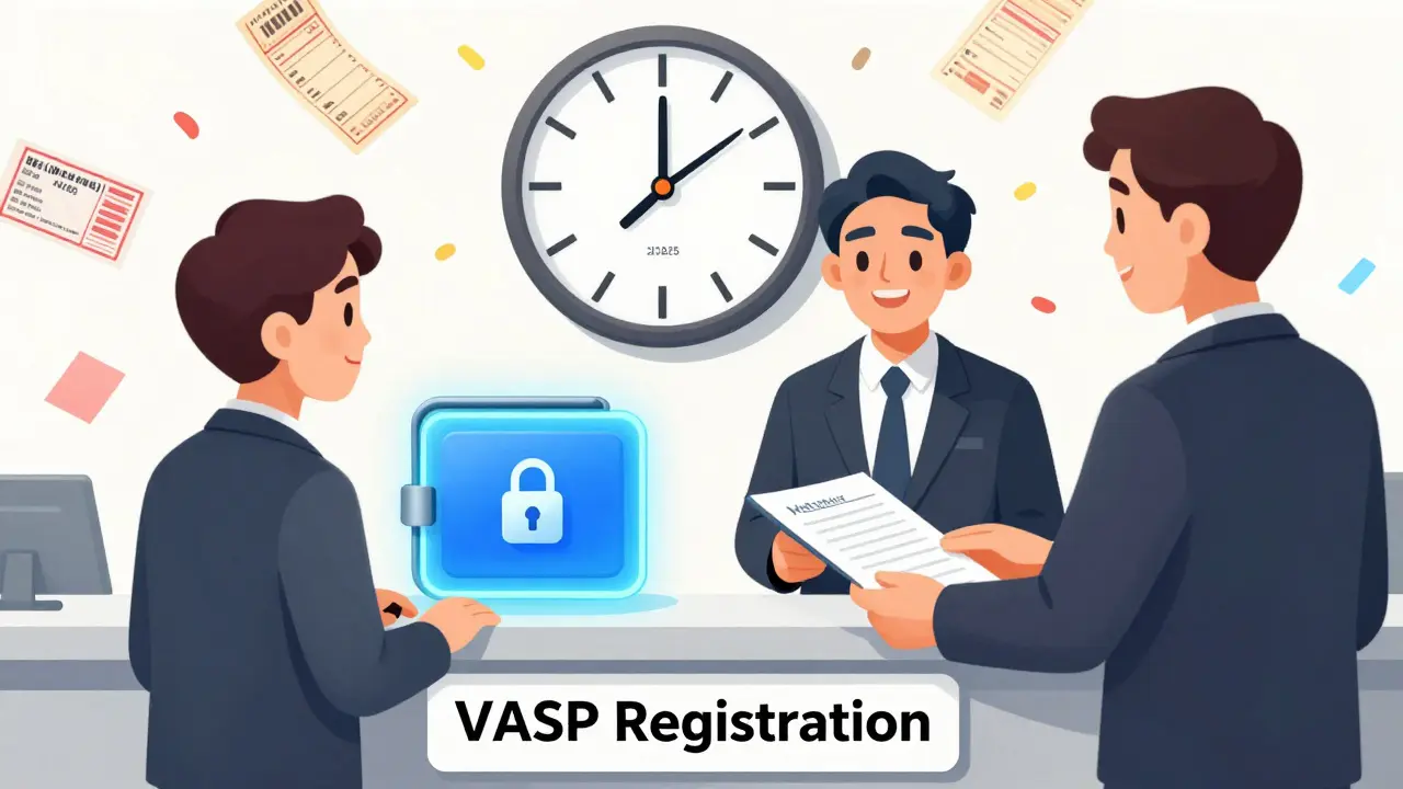 A man registers with a crypto service as deadlines loom, with tax and wallet symbols around him.