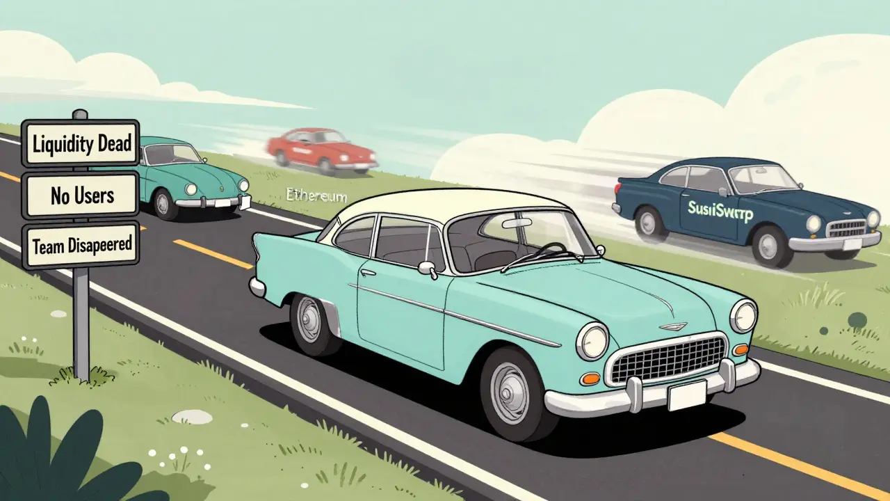 A parked car with no gas or keys on a blockchain highway, surrounded by signs marking its failure.