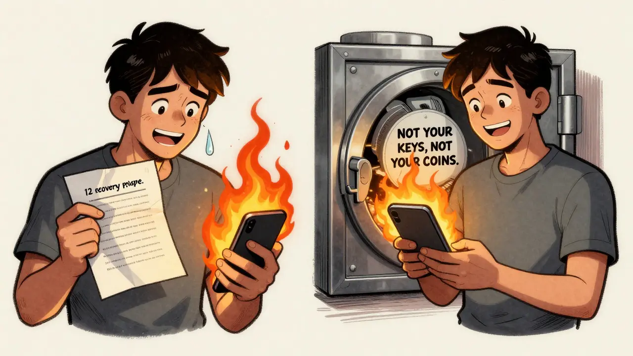 A person comparing risky phone storage vs secure vault for recovery phrase, UPA cartoon style
