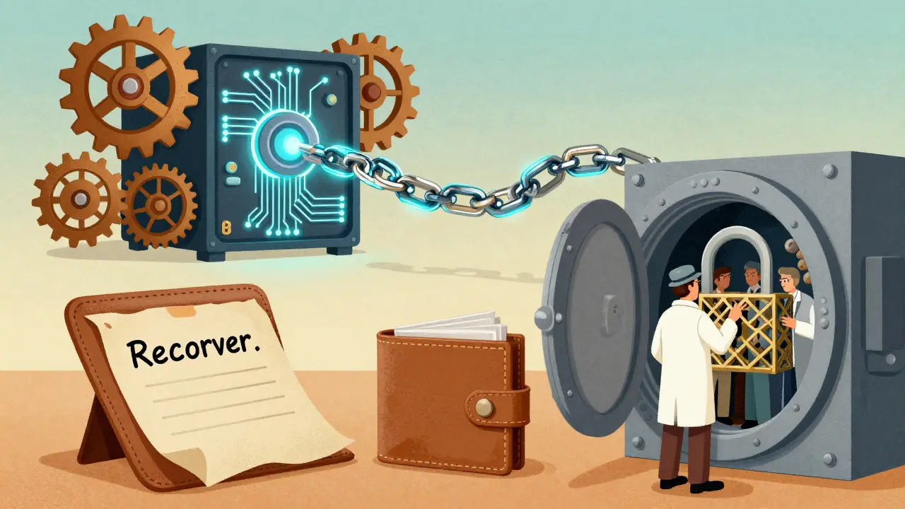 A quantum computer threatening a blockchain while inventors build a quantum-resistant lock, UPA cartoon style.