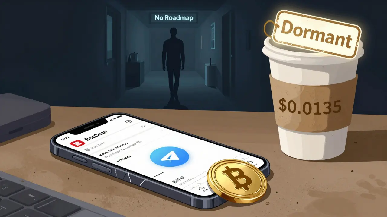 A single $BNU token sits abandoned beside a dead phone and coffee cup.