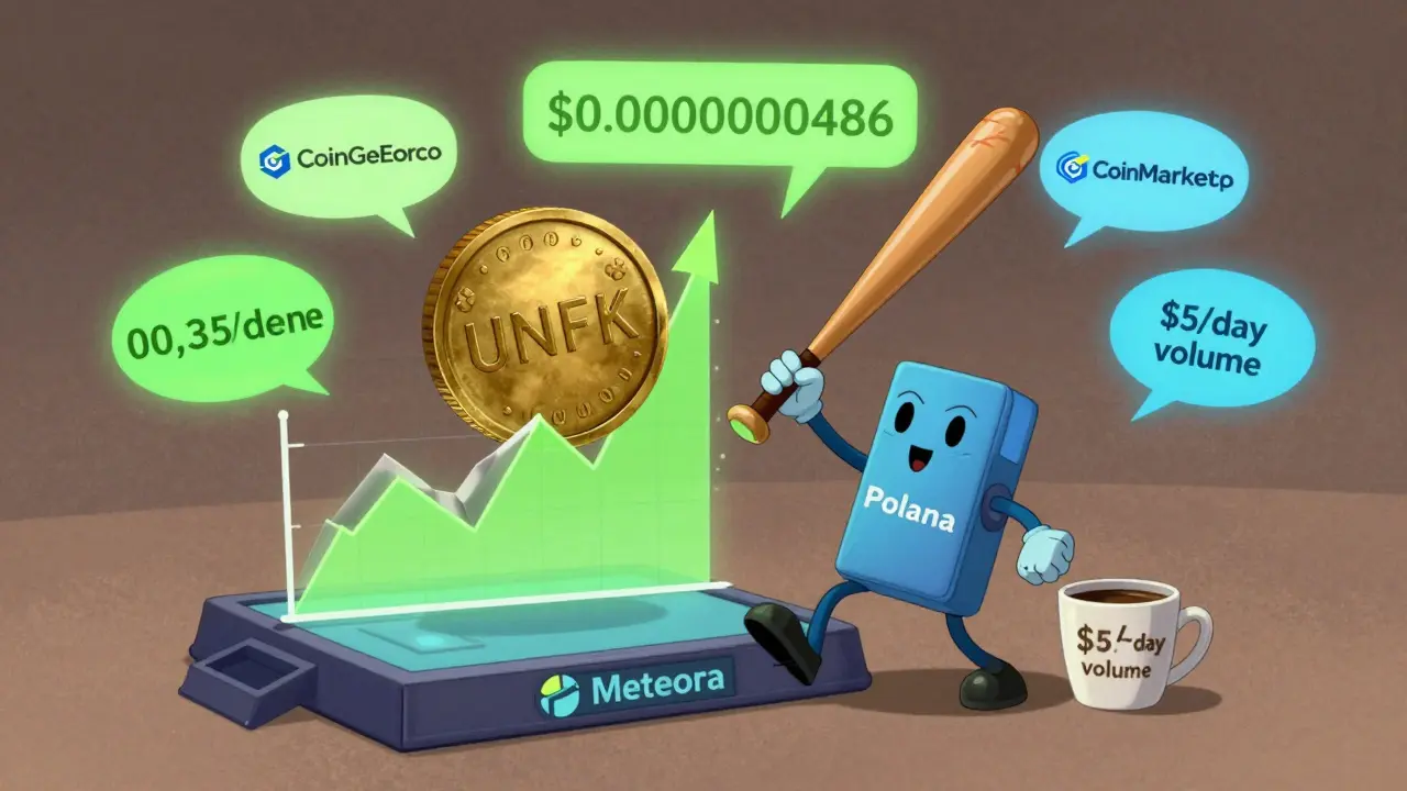 A Solana wallet swinging a UNFK token at a chaotic price chart on a tiny exchange