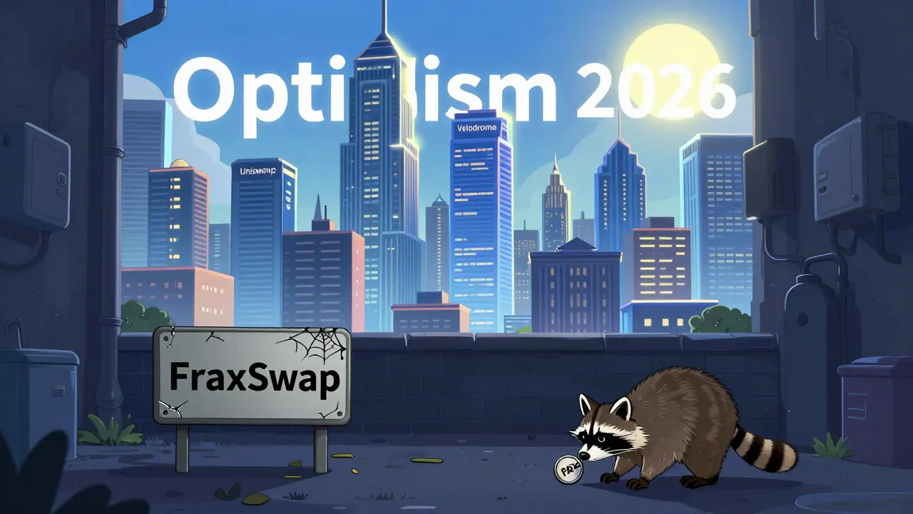 A tiny FraxSwap sign in a dark alley of Optimism city, with one token falling from a broken ATM.