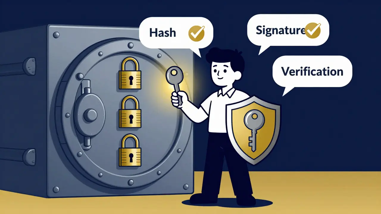 A user holding private and public keys before a three-lock vault, in classic UPA animation style.