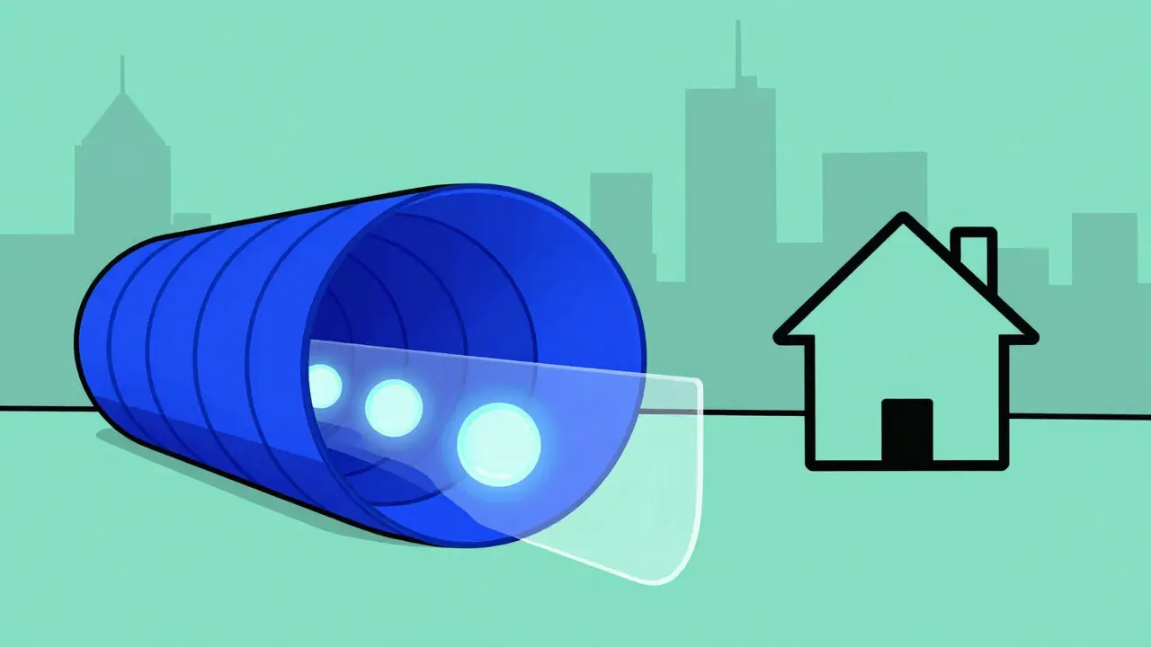 Abstract illustration of a secure data tunnel connecting two locations globally.