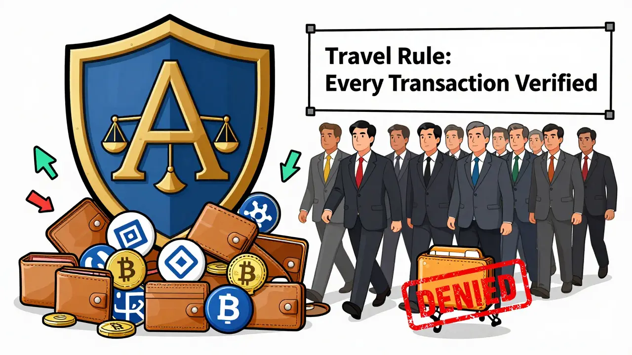 AMLA authority crushing chaotic crypto transactions while compliant businesses march orderly under the Travel Rule.