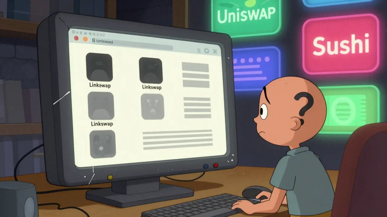 An abandoned DeFi dashboard with dim Linkswap icons while Uniswap and SushiSwap glow brightly in the background.