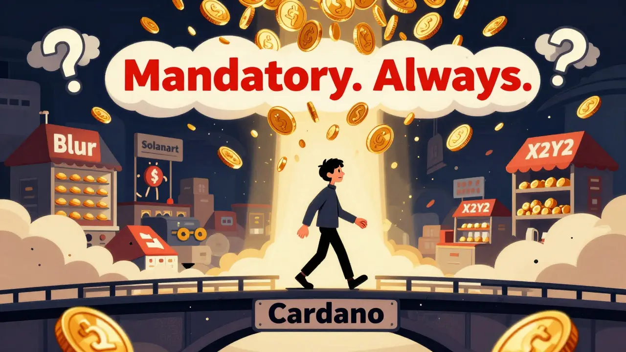 An artist walking across Cardano bridge as golden royalties rain down, while other marketplaces crumble behind.