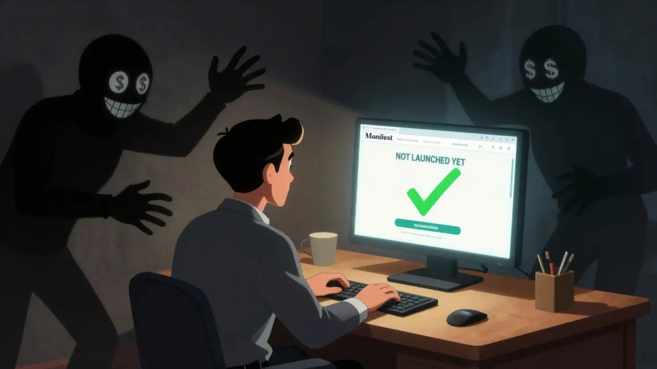 An investor reads the official Manifest website warning that tokens aren't live, while shadowy scam figures lurk in the background.