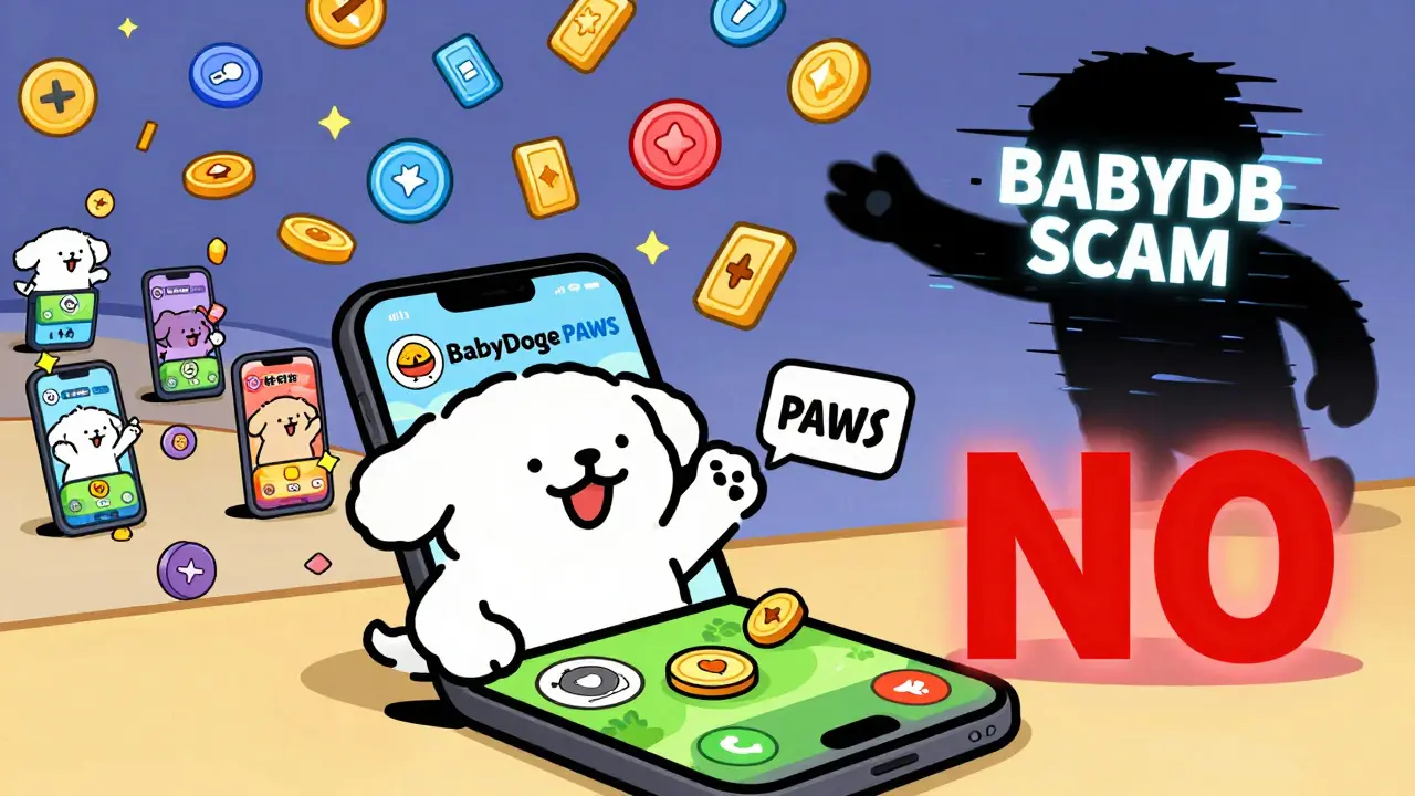 BabyDoge PAWS dog playing a tap game while scam figures try to steal tokens.