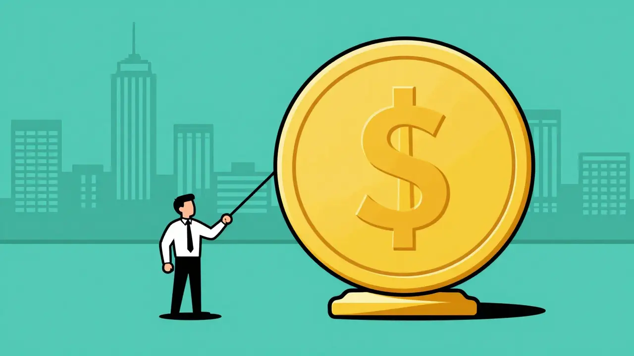 Business figure beside a large golden coin scale in flat art.