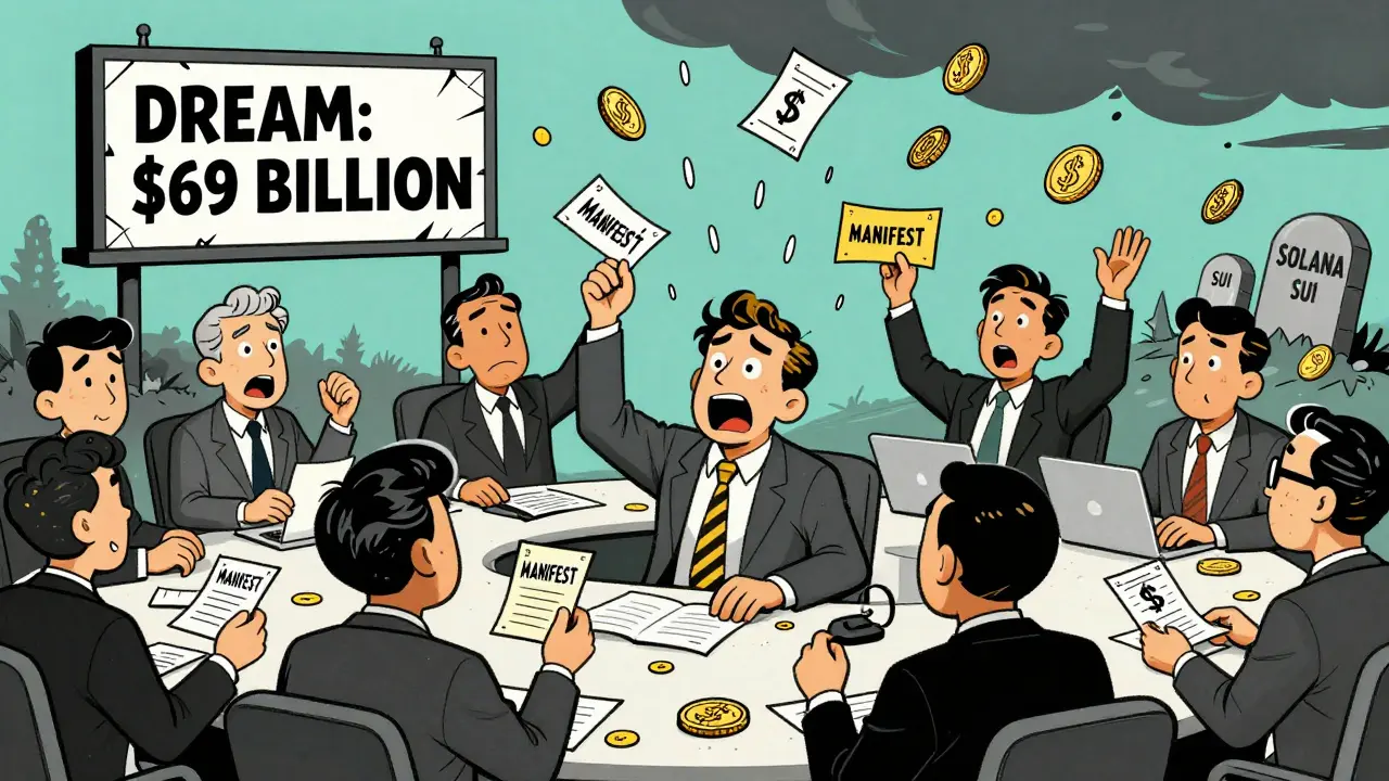 Cartoon characters on a chaotic trading floor buy fake MANIFEST tokens while dead coin tombstones mark the collapse of scam projects.