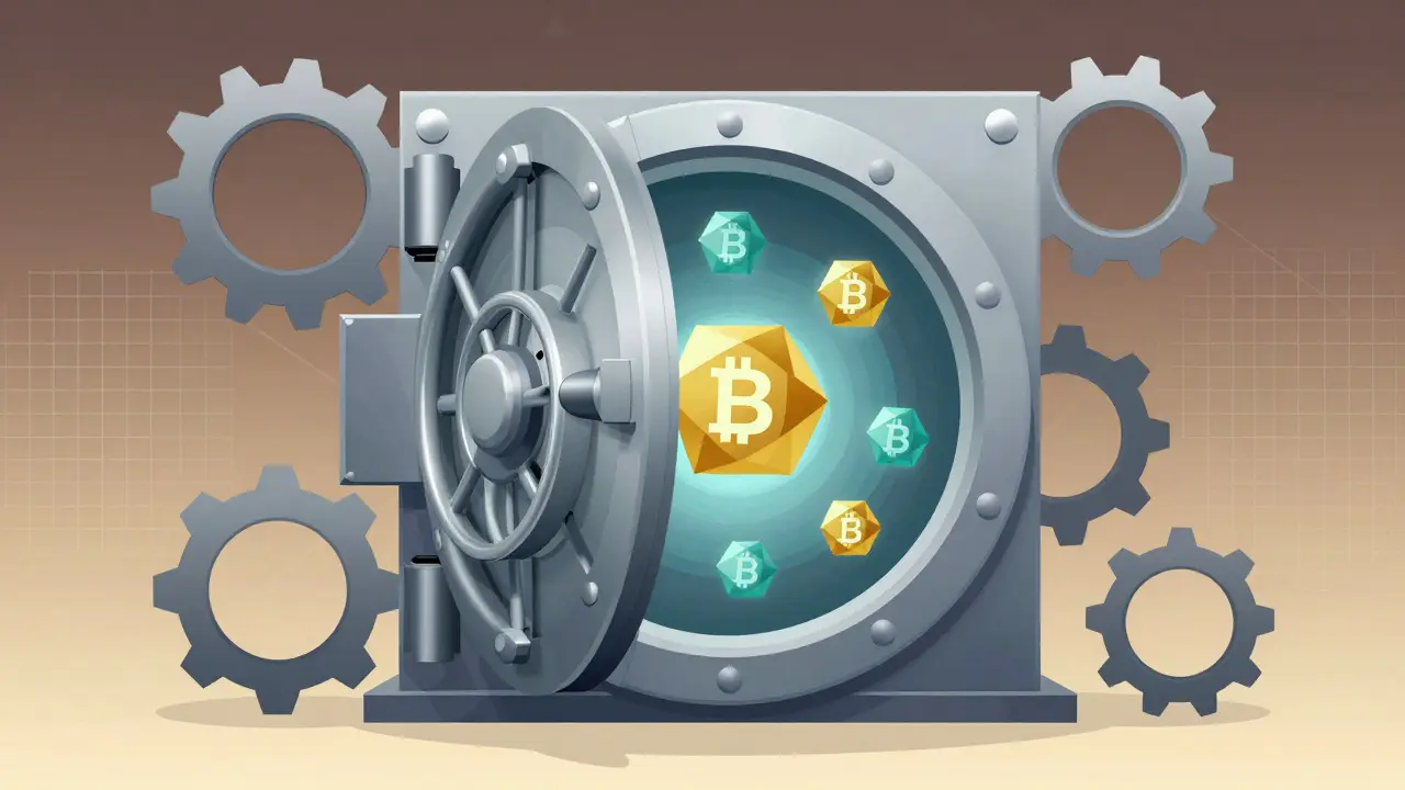 Cartoon graphic of a padlock protecting digital cryptocurrency tokens.