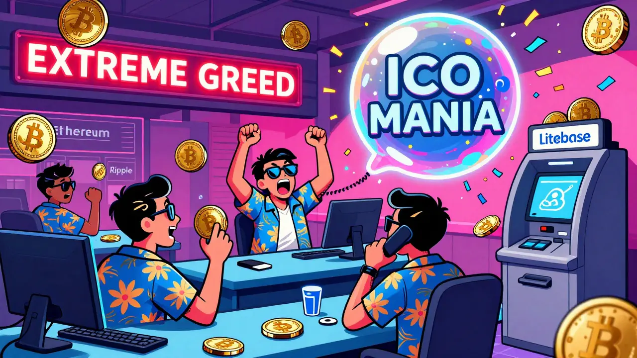 Chaotic 2017 crypto trading floor with retail investors buying altcoins as an 'ICO MANIA' bubble bursts.