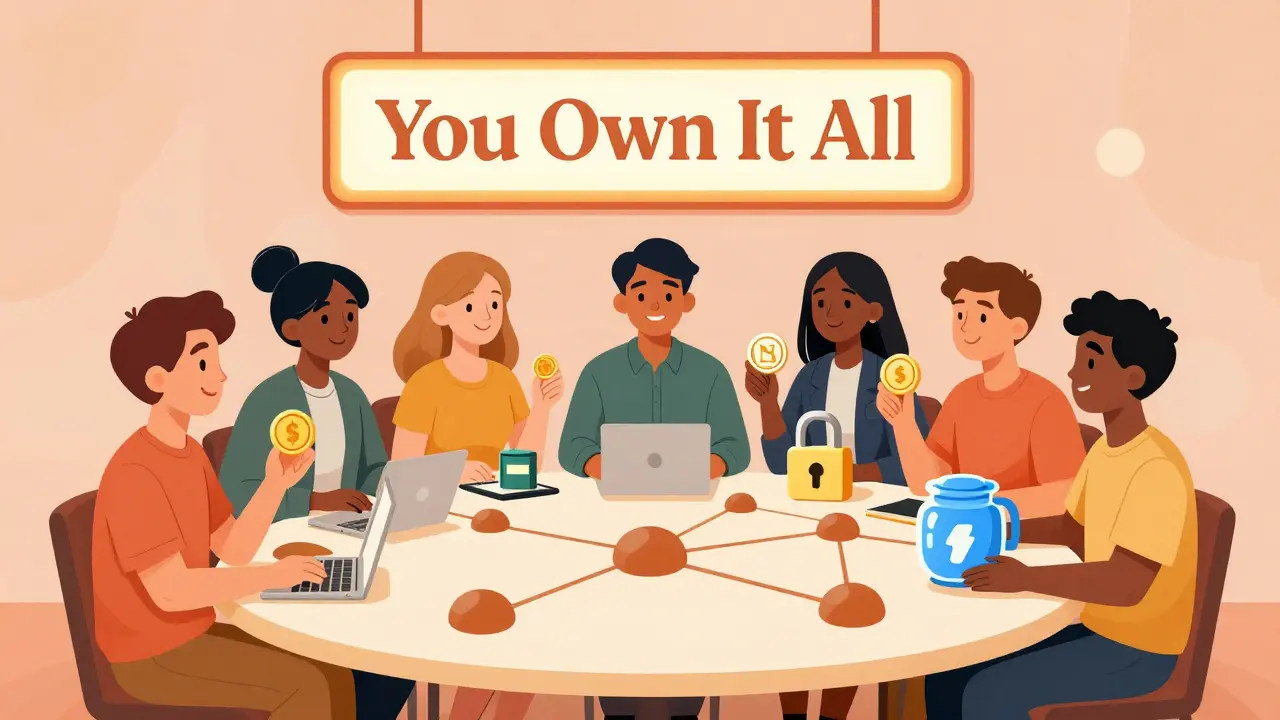 Creators gather around a blockchain table, holding tools for direct monetization and ownership.