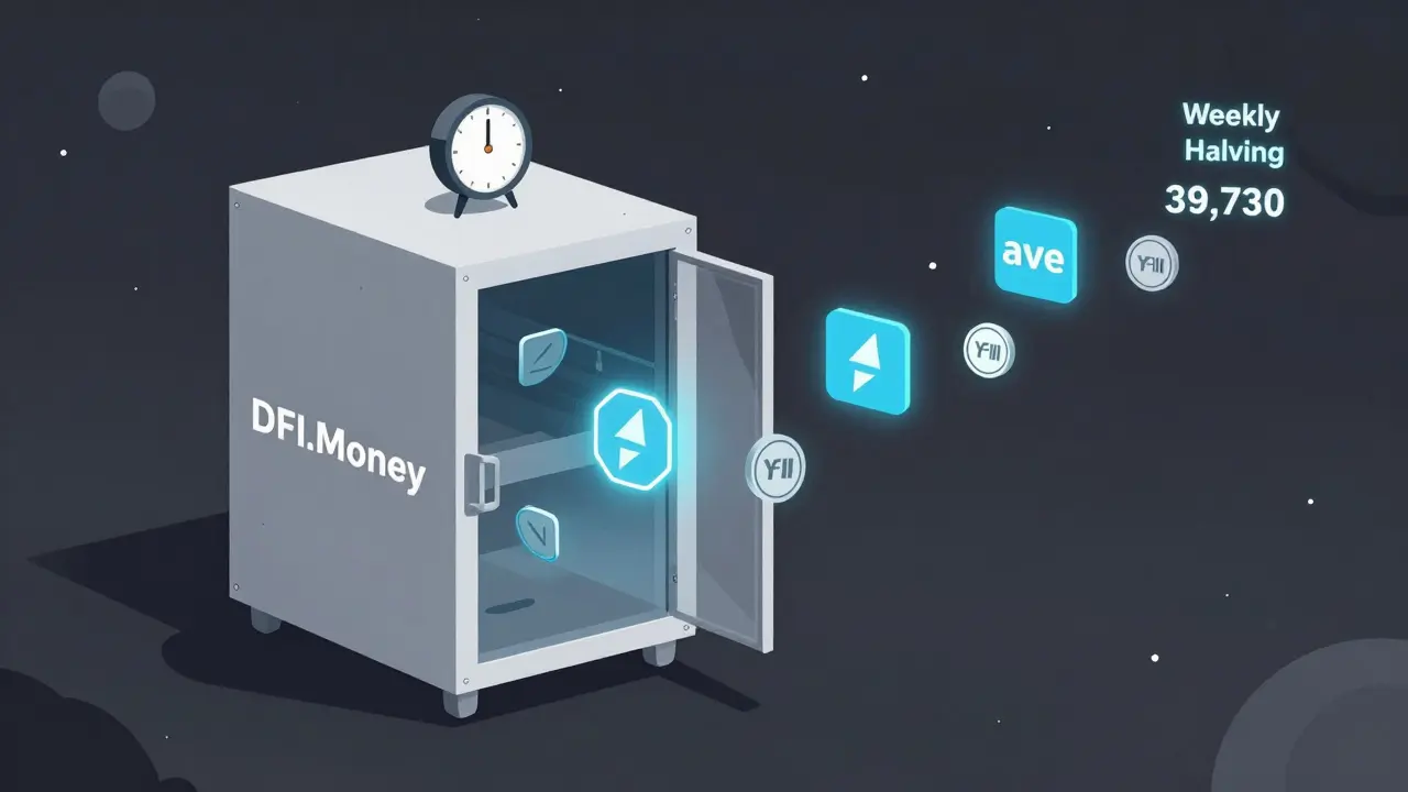 DFI.Money vault automatically moving crypto tokens between DeFi protocols with weekly halving visual