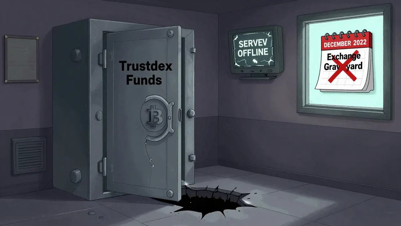 Empty vault with Bitcoin slipping into void, 'SERVER OFFLINE' monitor, calendar marked 'Exchange Graveyard'.