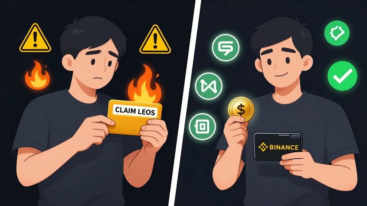 Left: person falling for a scam; right: same person safely using real LEON tokens with verified DeFi functions.