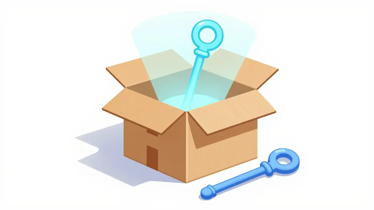 Open delivery box emitting holographic weapon next to physical replica object.