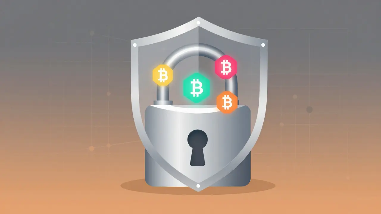 Padlock protecting glowing crypto icons in minimalist design.