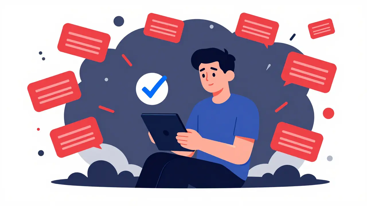 Person calmly verifying crypto account ignoring scam distractions