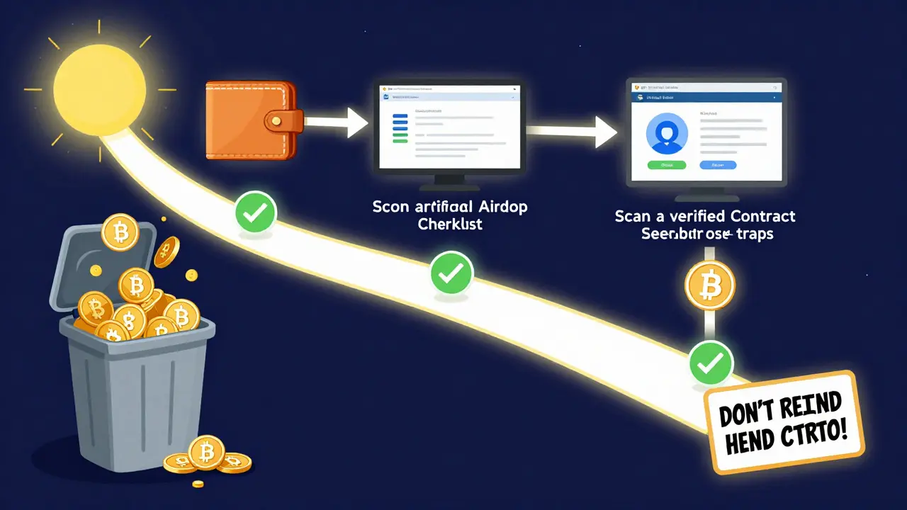 Safe airdrop path with verified wallet and contract checks, rejecting scam traps.