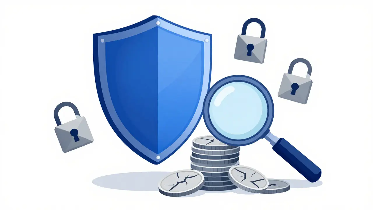 Shield protecting coins with magnifying glass inspection