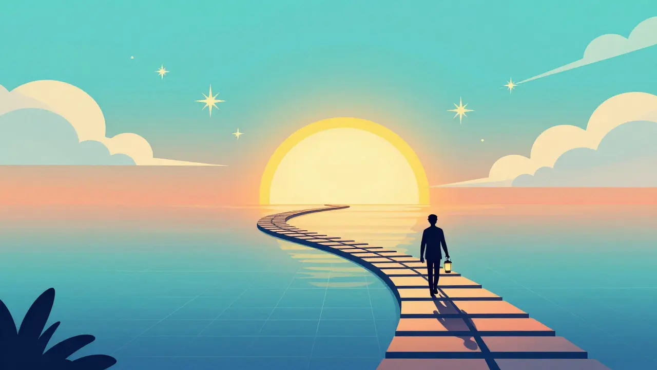 Silhouette walking pixelated road to glowing horizon