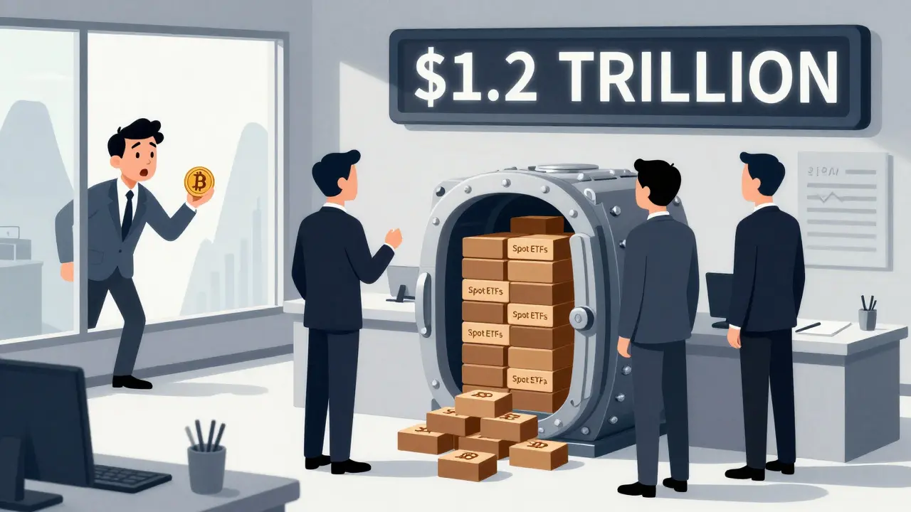 Sleek executives stacking Bitcoin ETF bricks into a vault as retail investor watches from outside.