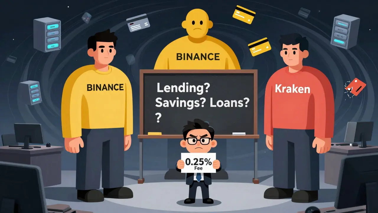 Small cartoon CEO overwhelmed by giant competitors, office filled with disappearing financial icons.