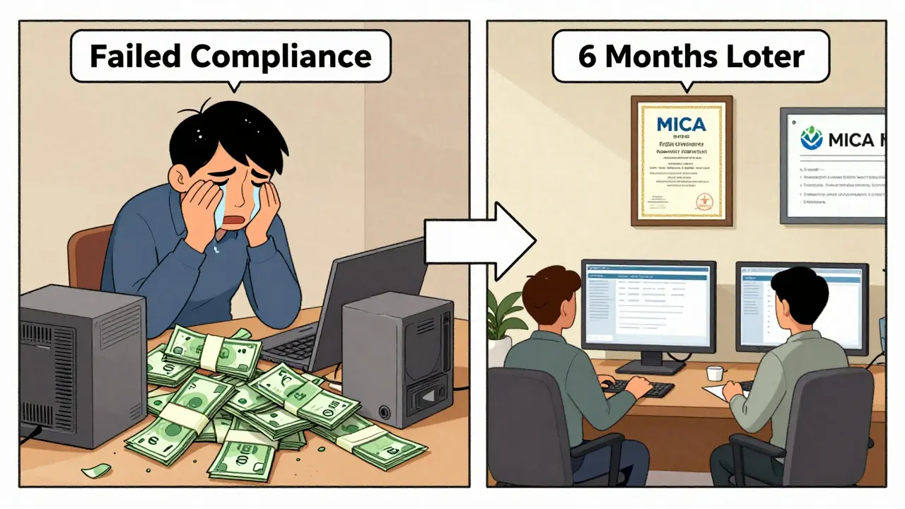 Split scene: failed startup vs. compliant crypto firm with MiCA license and training, showing contrast in outcomes.