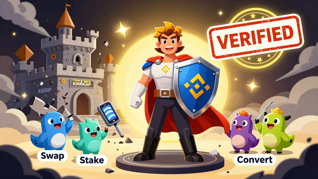 The real LEON token defending itself on Binance with utility tools, while a fake airdrop castle crumbles behind.