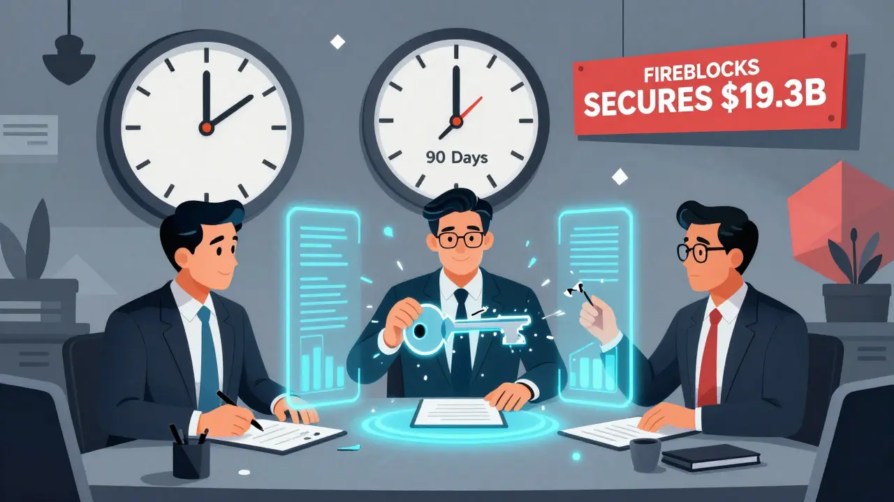 Three executives use a glowing MPC interface to sign a transaction, with a clock ticking toward 90 days in background.