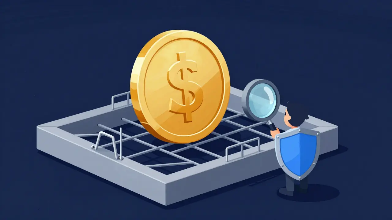 A character with a shield examining a gold coin inside a geometric trap.